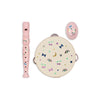 Konges Sloejd Music Set Petite - Rainbow Twinkle featuring a wooden pink flute, tambourine, and egg shaker decorated with colorful rainbows, stars, moons, bows, and cherry motifs.