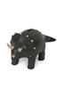 The Konges Sloejd Money Bank - Dino features a dark green triceratops with beige horns and spots, standing on four legs. The coin slot is on its back, making saving fun and easy for kids.