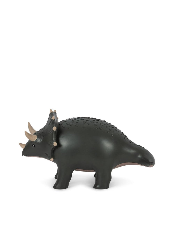 The Konges Sloejd Money Bank - Dino is a dark green ceramic triceratops with beige horns, perfect as a playful savings storage figurine.