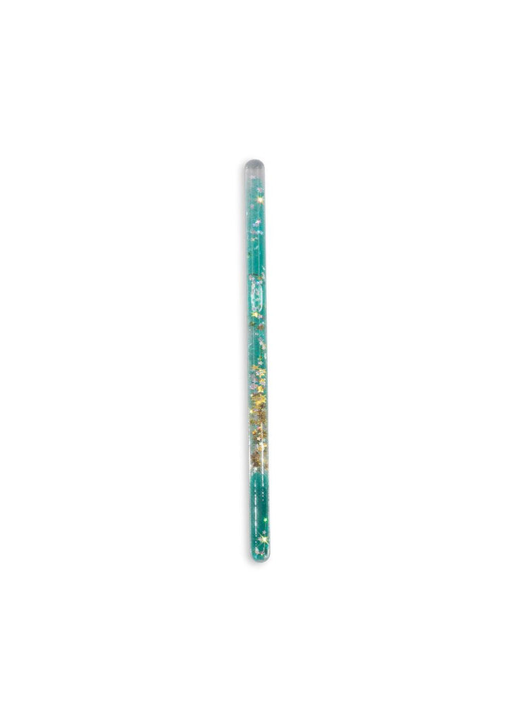 The Konges Sloejd Magical Glitter Wand - Green Mix features a teal pen with gold flakes and stars inside a clear barrel, standing vertically on a white background.