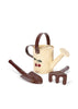 The Konges Sloejd Garden Set includes a cream-colored watering can with cherry design, plus kids’ gardening tools—a brown hand trowel and matching rake—neatly arranged on a white background for an adorable display.