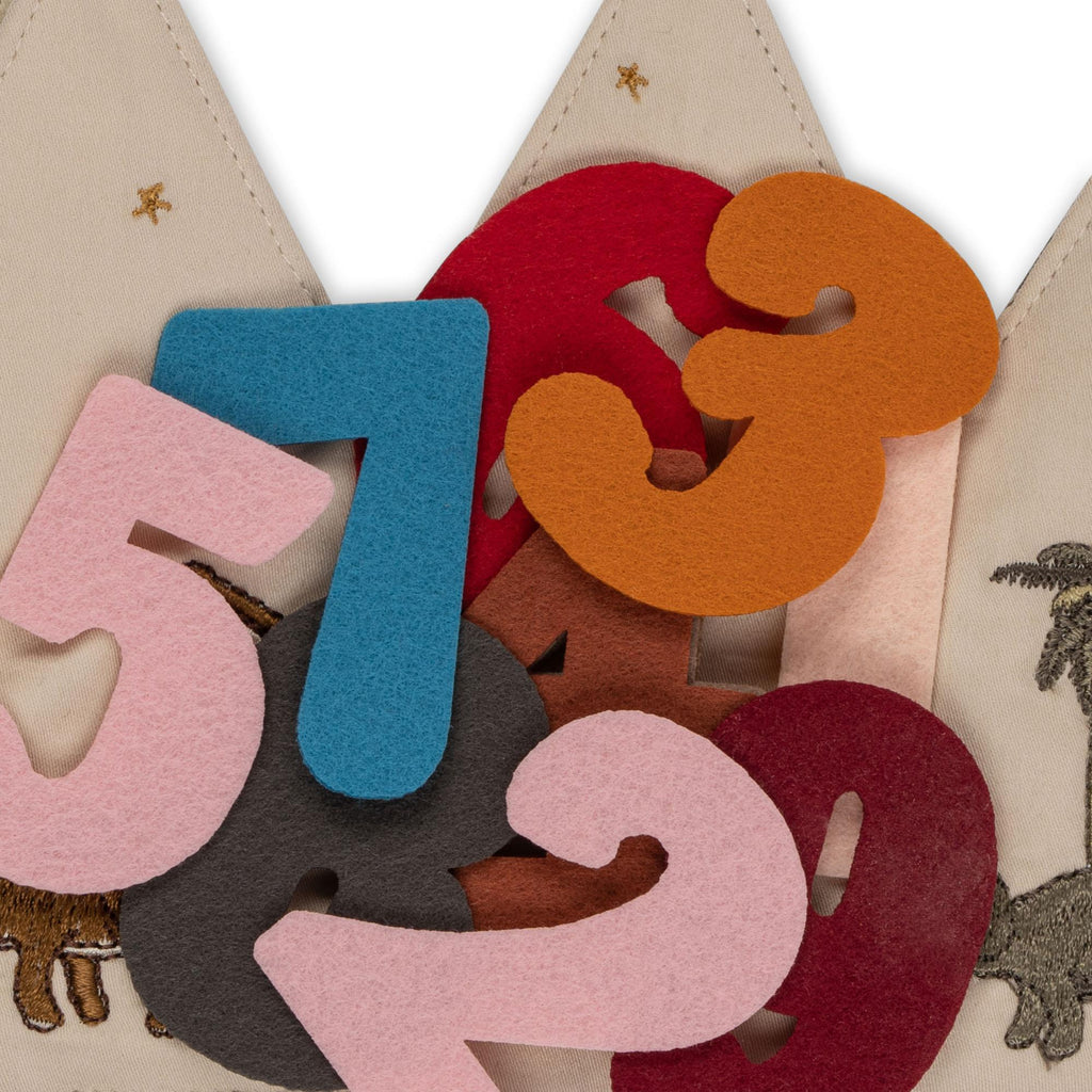 Colorful felt numbers (2, 3, 5, 7, 9) overlap on a beige background with embroidered animals and stars—ideal inspiration from the Konges Sloejd Birthday Crown - Dino.