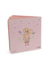 The Konges Sloejd Touch and Feel Book - Unicorn is a pink sensory baby board book with an illustration of a girl with long blonde hair, two birds, gold stars, and a ribbon. It features rounded corners and can stand upright.