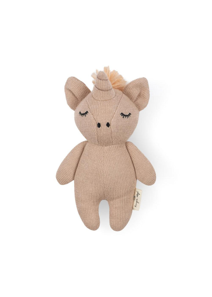 The Konges Sloejd Mini Unicorn Stuffed Animal is a soft, beige unicorn plush for babies, crafted from organic cotton with closed eyes, a little horn, floppy ears, and a light tufted mane, displayed on a plain white background.