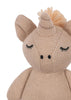 The Konges Sloejd Mini Unicorn Stuffed Animal is a beige, knitted organic cotton plush with closed embroidered eyes, large ears, a black stitched nose, and a yarn mane—an adorable sensory toy for babies.