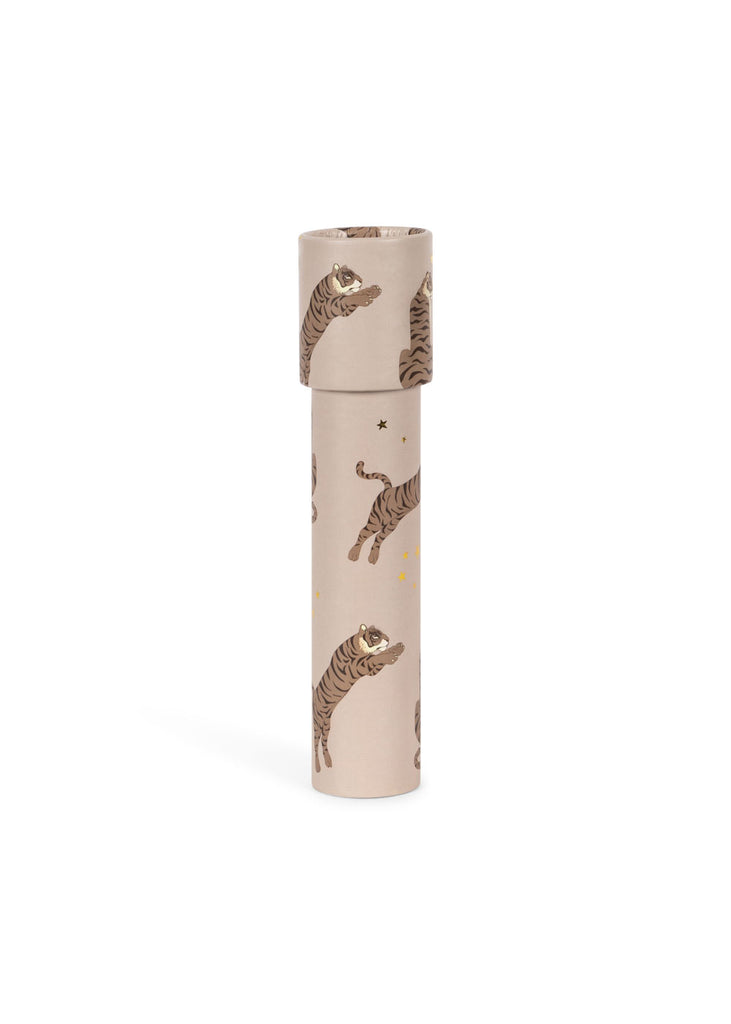 The Konges Sloejd Kaleidoscope - Tiger is a beige, FSC-certified cylindrical toy featuring leaping tiger illustrations and gold stars, shown standing upright against a plain white background.
