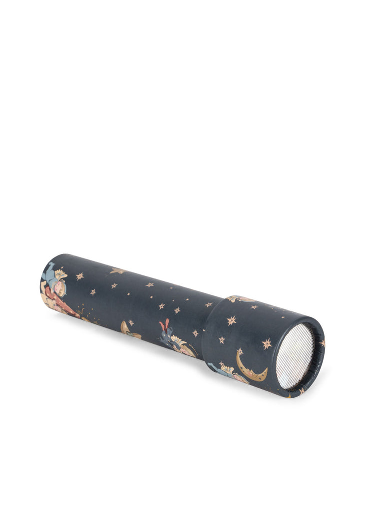 The Konges Sloejd Kaleidoscope - Lucia is a dark blue FSC-certified toy adorned with stars, moons, and celestial illustrations, shown against a white background.