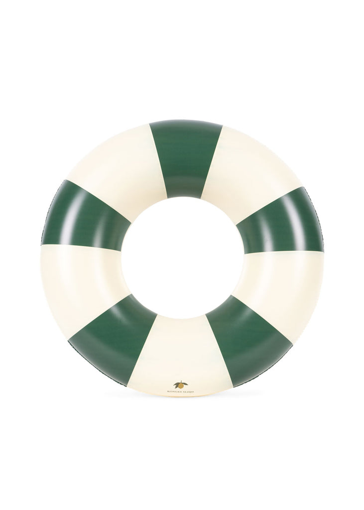 The Konges Sloejd Junior Swim Ring - Green Stripe features alternating dark green and off-white vertical stripes in a round inflatable design, displayed against a plain white background. Final Sale.