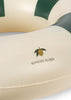 Close-up of the Konges Sloejd Junior Swim Ring in Green Stripe. This inflatable swim ring features a cream and green striped design with a lemon illustration and "KONGES SLØJD" printed on the surface. Final Sale item.