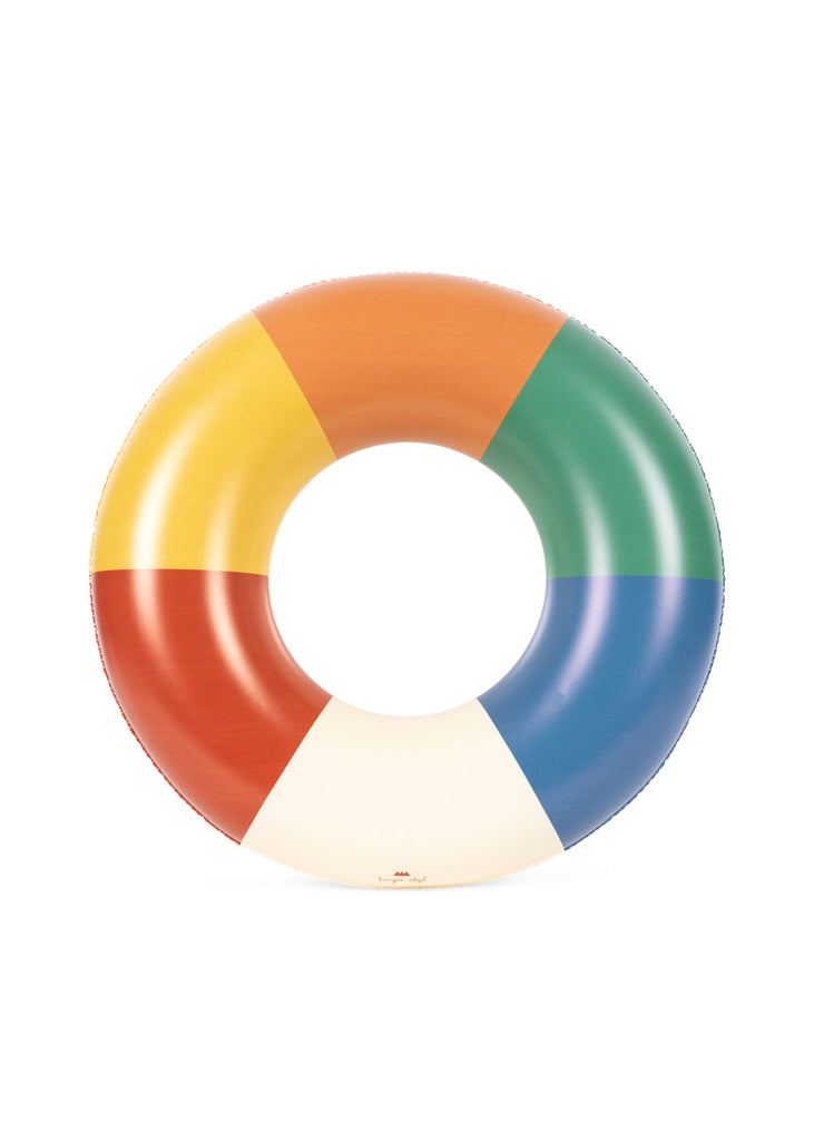 The Konges Sloejd Junior Swim Ring - Multi features six colored segments (yellow, orange, green, blue, red, white), creating a perfect children’s pool float or swim accessory. Final Sale. Shown on a plain white background.