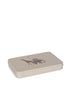The Konges Sloejd Beeswax Crayons - Safari come in a rectangular beige metal tin with a lid, featuring simple giraffe and elephant illustrations under stars and a crescent moon—ideal for storing natural crayons.
