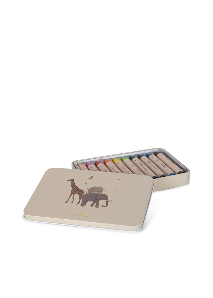 The Konges Sloejd Beeswax Crayons - Safari come in a beige tin box decorated with giraffe and elephant illustrations, filled with colorful, non-toxic crayons. The lid is shown resting next to the open box.