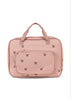 The Konges Sloejd Holiday Essentials Bag - Cherry is a light pink fabric bag with two handles, a cherry pattern, and a large front zippered pocket—ideal for holiday essentials or carrying kids’ stationery on the go.