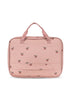 The Konges Sloejd Holiday Essentials Bag - Cherry is a light pink bag with two handles, a front pocket, and a cherry pattern—ideal for carrying your travel activity kit or kids’ stationery set wherever you go.