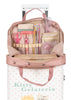 Open the Konges Sloejd Holiday Essentials Bag - Cherry, standing upright and filled with organized kids’ stationery—scissors, pencils, rulers, pens. Features cherry and cat design with "Kitty Gelateria" on the front. Perfect for travel activities!.