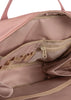 Close-up of the Konges Sloejd Holiday Essentials Bag - Cherry, showcasing its pink design with beige lining, zippered mesh pockets, elastic compartments, and organized sections—ideal as a kids travel bag for stationery and more.