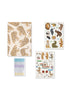 The Konges Sloejd Creative Art Caddy - Tiger includes four sticker sheets: one featuring tigers in different poses, one with zoo animals, one with animals and gardening tools, and a smaller sheet filled with colorful stars, dots, and reward stickers—making it the perfect addition to any creative toolbox or as art supplies for kids who love crafts.