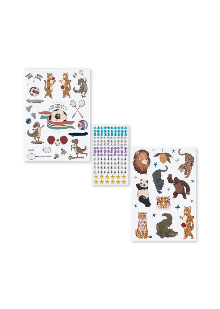 Three sheets of stickers—one with dogs and tennis items, one with colorful stars, and one featuring wild animals such as lions, pandas, and leopards—make the Konges Sloejd Creative Art Caddy - Tiger a perfect addition to any kids’ art supplies or creative toolbox.