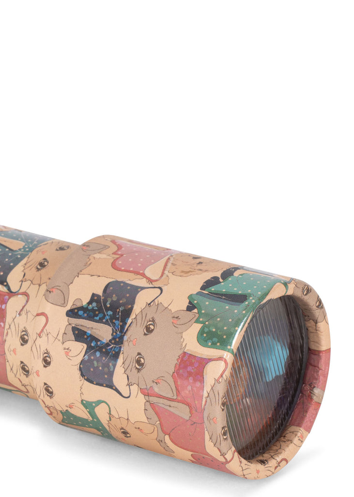 A close-up of the Konges Sloejd Kaleidoscope - Like Cats and Dogs, an FSC-certified kaleidoscope featuring illustrations of cats wearing colorful polka-dot bows, shown against a white background.