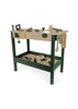 The Konges Sloejd Tool Bench features a beige and green frame and comes with a variety of wooden toy tools, including a saw, wrench, and hammer. Pegs and bolts are scattered across the tabletop and lower shelf, making this kids’ workbench an ideal choice for little ones who enjoy classic wooden toys.