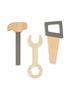 Three wooden toy tools—a hammer, a wrench, and a saw—from the Konges Sloejd Tool Bench are arranged side by side on a white background. Perfect for any kids’ workbench setup, these toys are crafted from light wood with subtle gray painted accents.