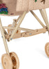 Close-up of the lower half of the Konges Sloejd Tulle Doll Stroller - Rainbow Star in beige, featuring double wheels and a fabric seat adorned with colorful rainbow star sequin designs.