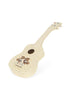 A small cream-colored Konges Sloejd Wooden Ukulele - Teddy Bear, adorned with whimsical teddy bear illustrations and scattered black dots, is photographed on a white background. This charming kids’ musical instrument is thoughtfully crafted to inspire young musicians.