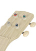 Close-up of the Konges Sloejd Wooden Ukulele - Teddy Bear, featuring a cream-colored headstock with four tuning pegs accented by colored rings and white strings, set against a plain white background—an inviting kids’ musical instrument perfect for young beginners.