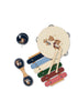 The Konges Sloejd Music Set - Teddy Bear is a delightful collection of kids’ musical instruments—including a tambourine, maracas, xylophone, and drumsticks—all decorated with charming bear illustrations to spark hours of creative fun and learning.