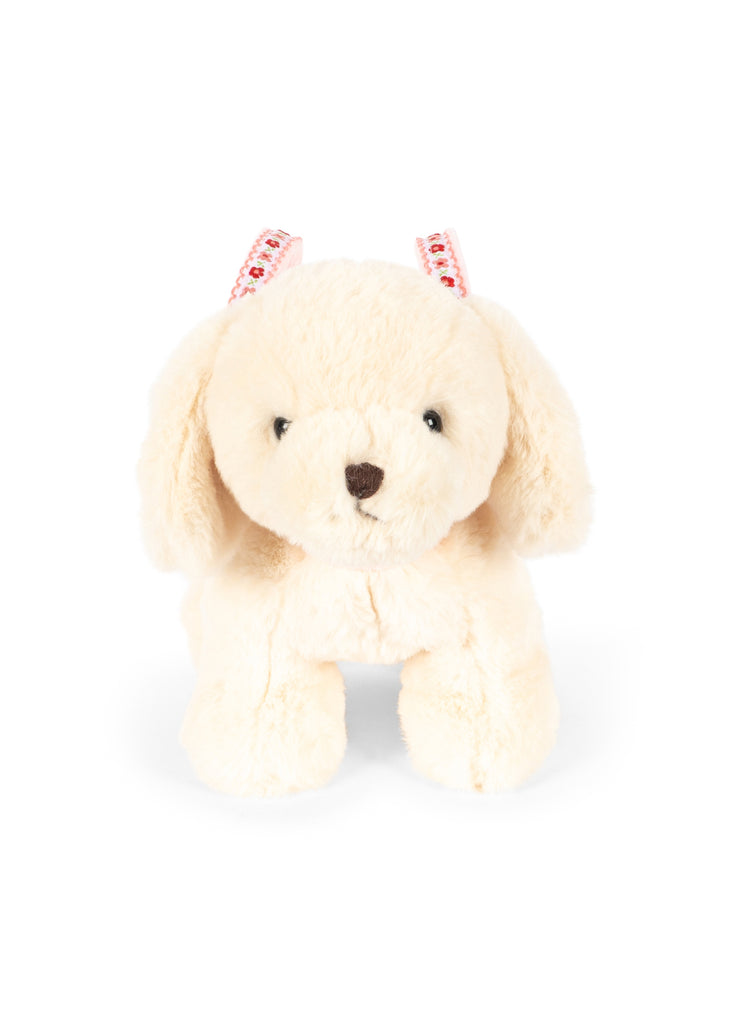 The Konges Sloejd Puppy Bag - Off White is a plush, cream-colored kids bag with floppy ears and two red-patterned ribbons—cute and perfect for little ones.
