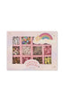 The Konges Sloejd ABC Jewelry Set features colorful beads, letter pearls, gold rings, and smiley face beads in a cute pink box with rainbow and star decorations—perfect for jewelry making.