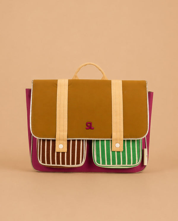 The Sticky Lemon School Bag | Better Together | Gymnastic Pink is a stylish satchel made from waterproof recycled nylon, with a tan flap, beige handle and straps, magenta sides, plus two striped front pockets—one brown and one green—on a beige base.