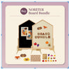 The NORITER Signature Double-Sided Board Bundle features front and back views shaped like a house: one side is a chalkboard and the other showcases playful fruit and animal designs. Included are Fruit Felt letter cutouts and decorative stickers displayed below.