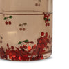 Close-up of Konges Sloejd Glitter Cups - Cherry (2 Pack): transparent glass cups with red cherry and green leaf illustrations. Playful cherry clusters at the bottom make them perfect for fun kids’ drinkware or lively dinnerware collections.