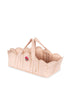 The Konges Sloejd Doll Lift - Cameo Rose is a soft, light pink quilted cotton carrycot with scalloped edges, double handles, and an embroidered rose. OEKO-TEX certified, it's perfect for little ones and their favorite dolls.