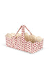 The Konges Sloejd Doll Lift - Rosie Rose is a soft cotton carrier basket with scalloped edges, dual handles, and a cream base featuring red floral prints. It has a quilted cream interior and is made from OEKO-TEX certified materials.