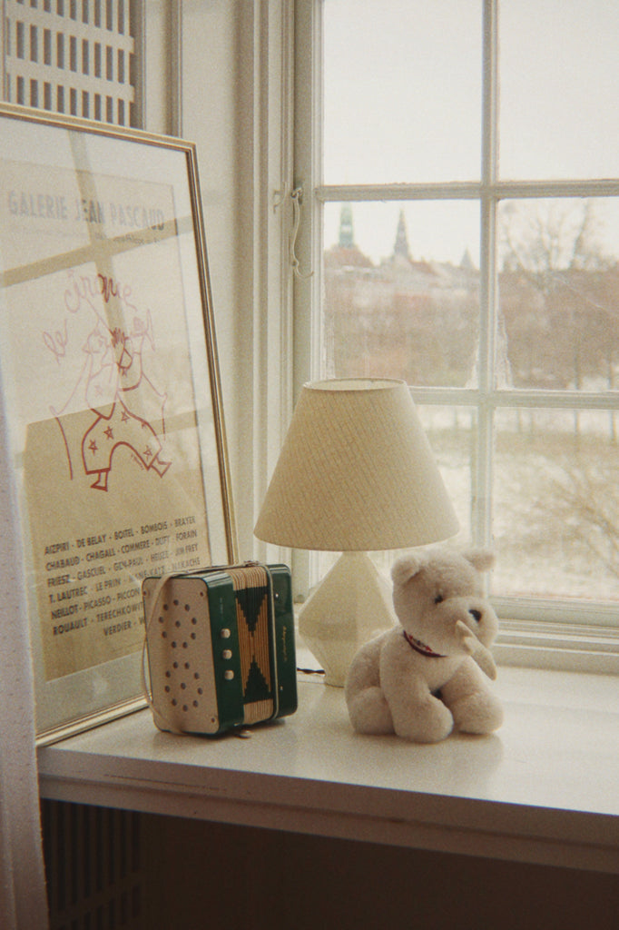 A 10-key Konges Sloejd Accordian, a small lamp, and a plush dog sit on a windowsill next to a framed art print.