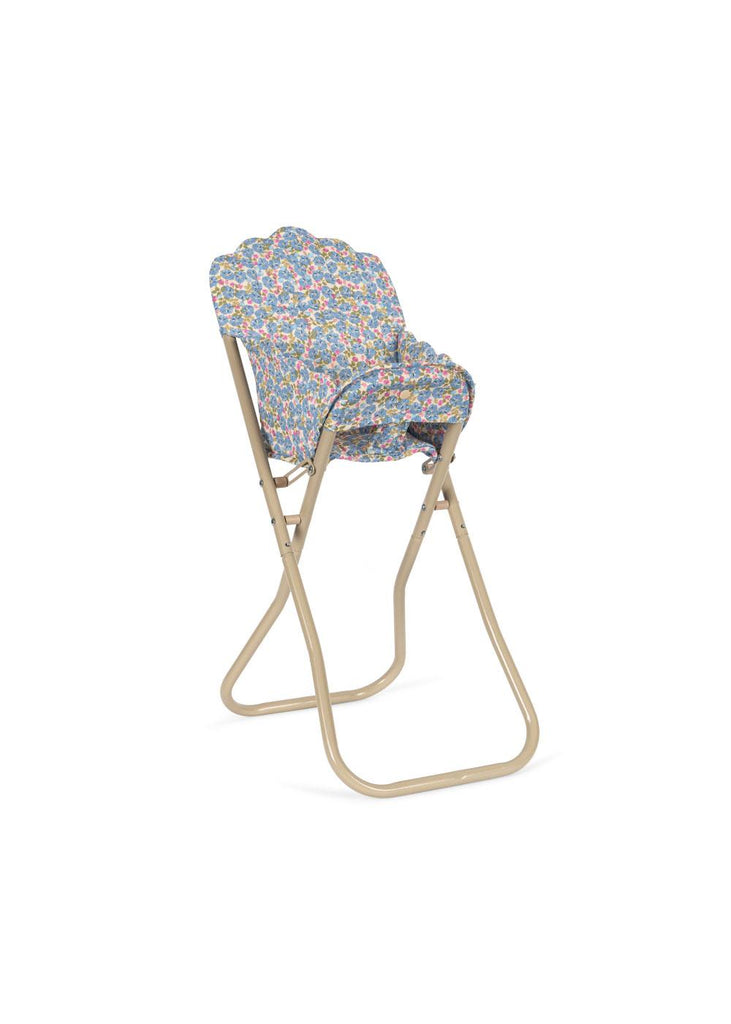 The Konges Sloejd High Chair - Rose Flower is a beige foldable doll chair with scalloped edges and a detachable seat and backrest covered in colorful floral-patterned fabric, shown against a white background.