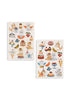 Two sheets of stickers from the Konges Sloejd Little Artist Set - Kitty Friends, featuring illustrated kittens with various desserts, fruits, and party hats.