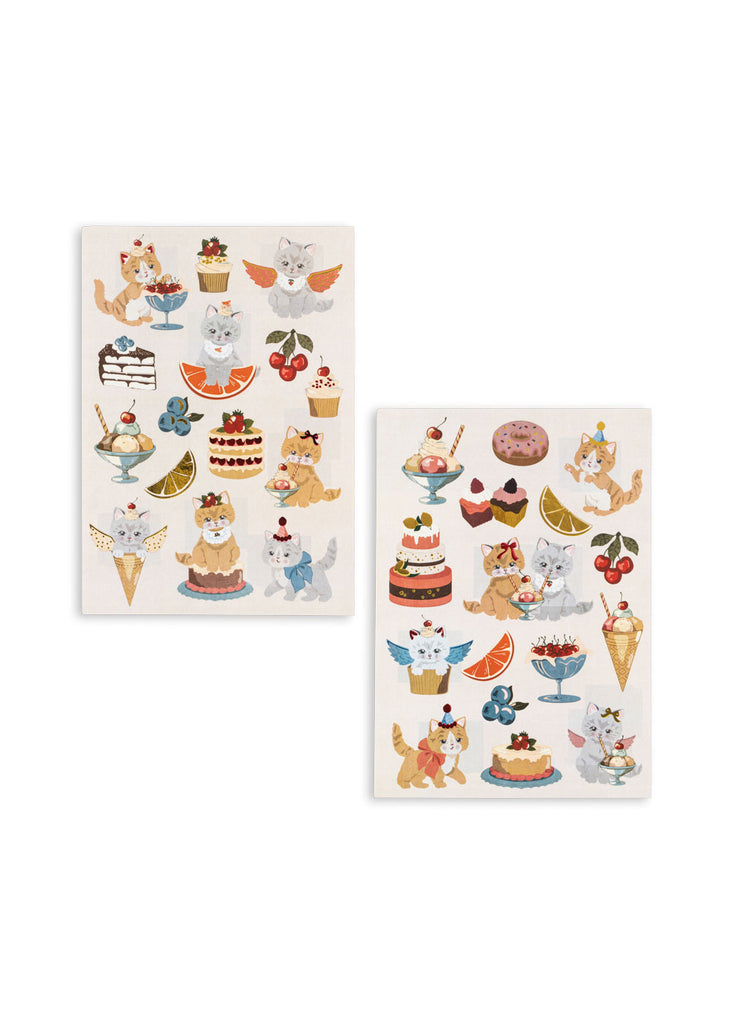 Two sheets of stickers from the Konges Sloejd Little Artist Set - Kitty Friends, featuring illustrated kittens with various desserts, fruits, and party hats.