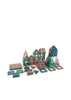 Translucent, glittery magnetic tiles from the Konges Sloejd Piece By Piece Magentic Building Set are assembled into small structures and geometric shapes to encourage fine motor skills.