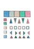 The Konges Sloejd Piece By Piece Magentic Building Set includes glittery, colorful magnetic squares, triangles, and hollow frames designed to help children develop fine motor skills.