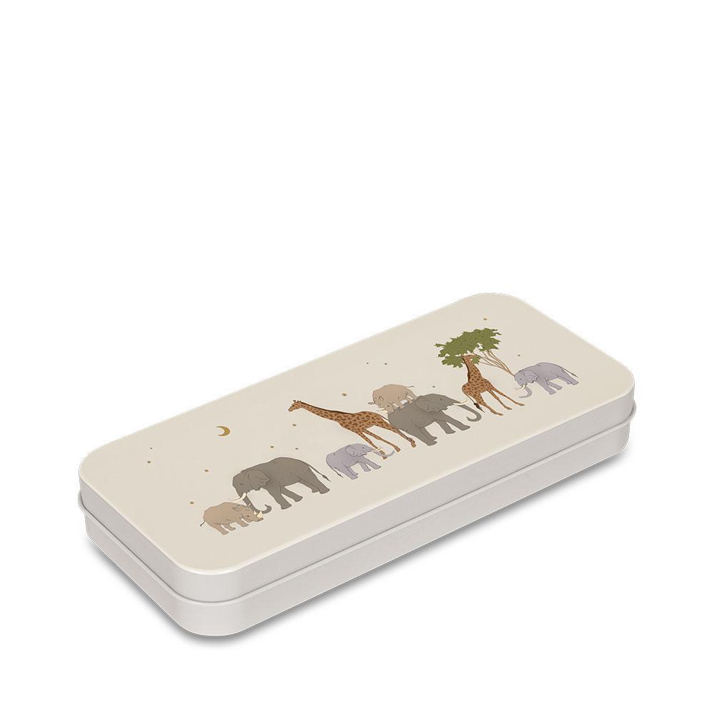 The Konges Sloejd Water Colors Paint Set - Safari comes in a white rectangular tin box decorated with elephants and giraffes beneath a night sky, ideal for storing watercolors or a paintbrush.