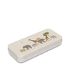 The Konges Sloejd Water Colors Paint Set - Safari comes in a white rectangular tin box decorated with elephants and giraffes beneath a night sky, ideal for storing watercolors or a paintbrush.
