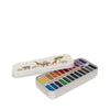 The Konges Sloejd Water Colors Paint Set - Safari comes in a decorative tin box with elephant, giraffe, and tree illustrations. The open tin reveals multiple watercolors in a row and includes a wooden paint brush for painting.