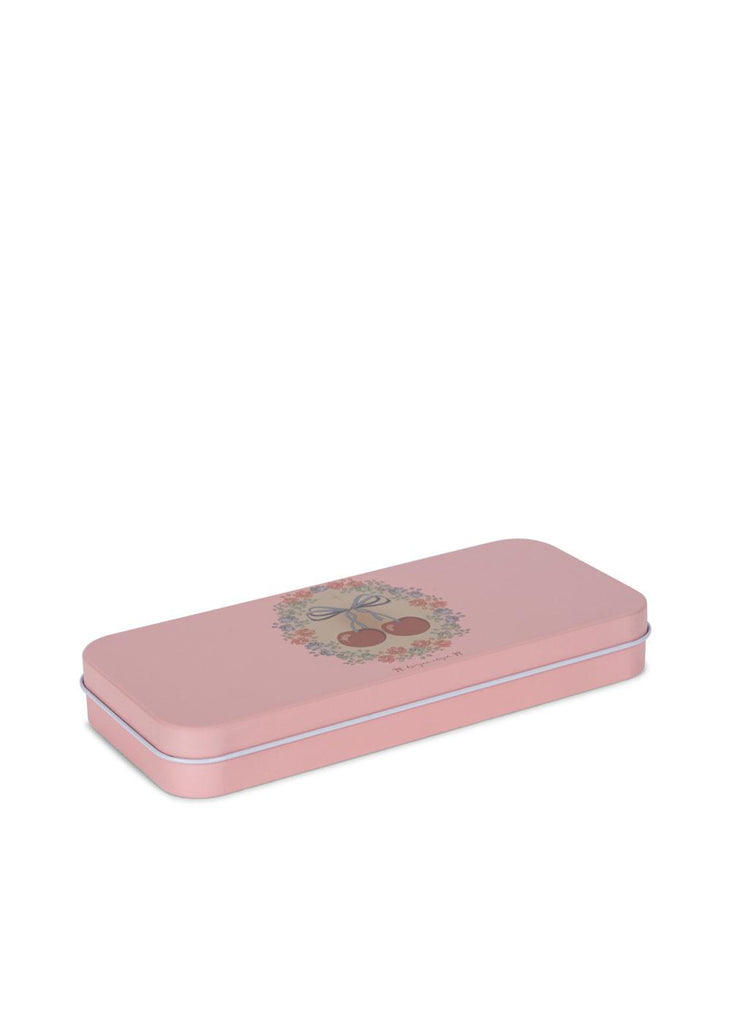 The Konges Sloejd Water Colors Paint Set - Cherry Bow features a rectangular pink tin box with a floral and cherry design, ideal for storing paint brushes or watercolors and shown against a white background.