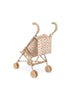 The Konges Sloejd Doll Stroller - Lumina features light wooden handles, double wheels, a floral-patterned fabric seat, and a matching carriage bag. Designed for children, it’s shown on a white background.