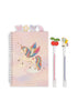 Konges Sloejd My Stationery Box - Unicorn: a spiral-bound A5 notebook with a unicorn illustration, four tabbed dividers, and two glitter gel pens topped with a cherry and a unicorn.