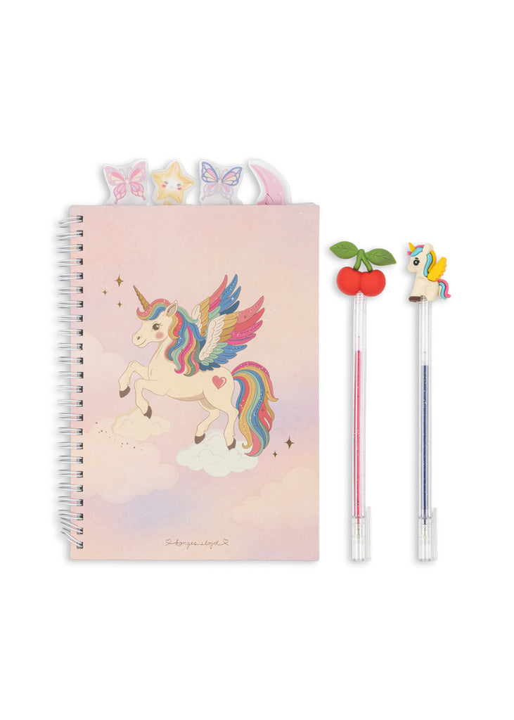Konges Sloejd My Stationery Box - Unicorn: a spiral-bound A5 notebook with a unicorn illustration, four tabbed dividers, and two glitter gel pens topped with a cherry and a unicorn.