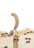 Close-up of a beige, quilted fabric bag with cherry print and padded handle, designed for the Konges Sloejd Twin Doll Stroller - Cherry. The partially open bag reveals two soft-edged compartments and metal hardware on the handle.